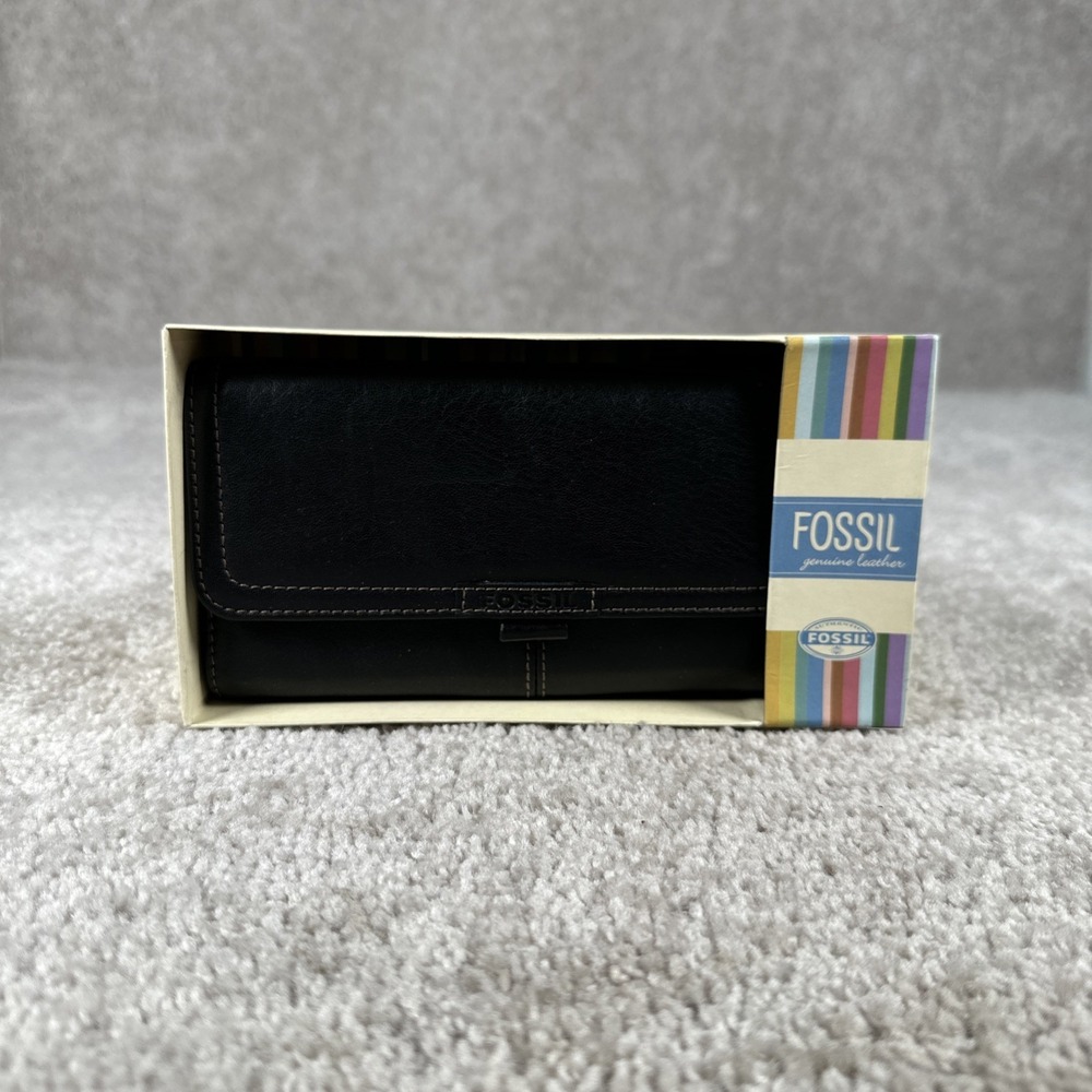 Fossil Black Leather Everyday Flap Clutch Pocket Wallet Vintage NIB